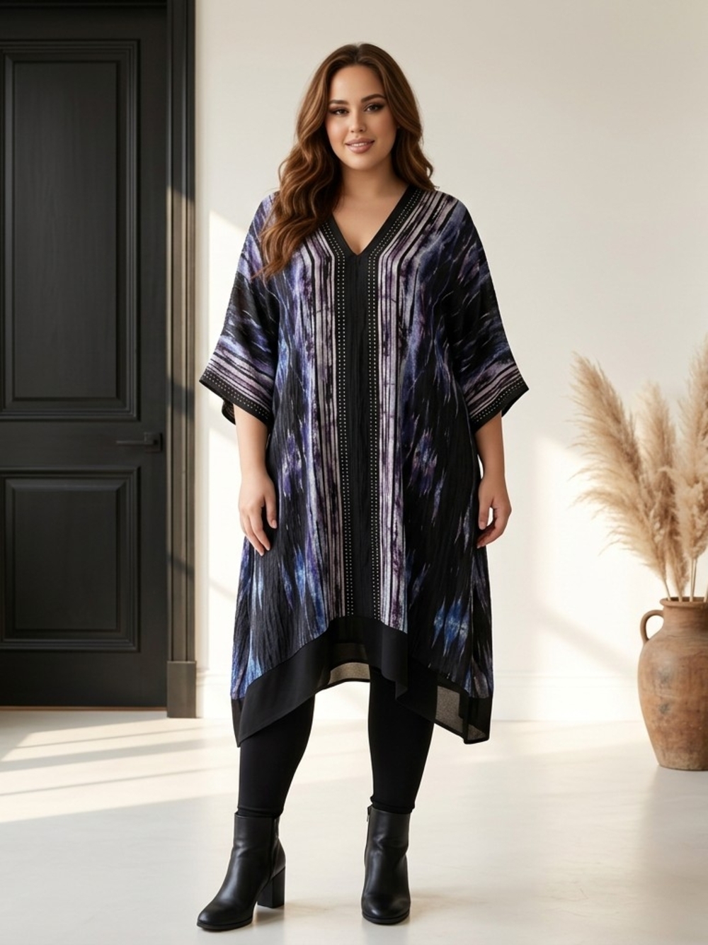 Plus Size Asymmetrical V-Neck Dress Tunic in Black and Purple